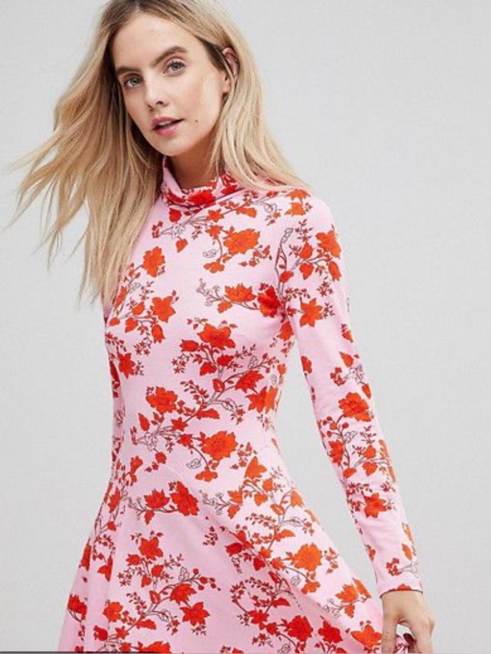 ASOS Pink fit and flare Dress with Red Floral Print - size 2